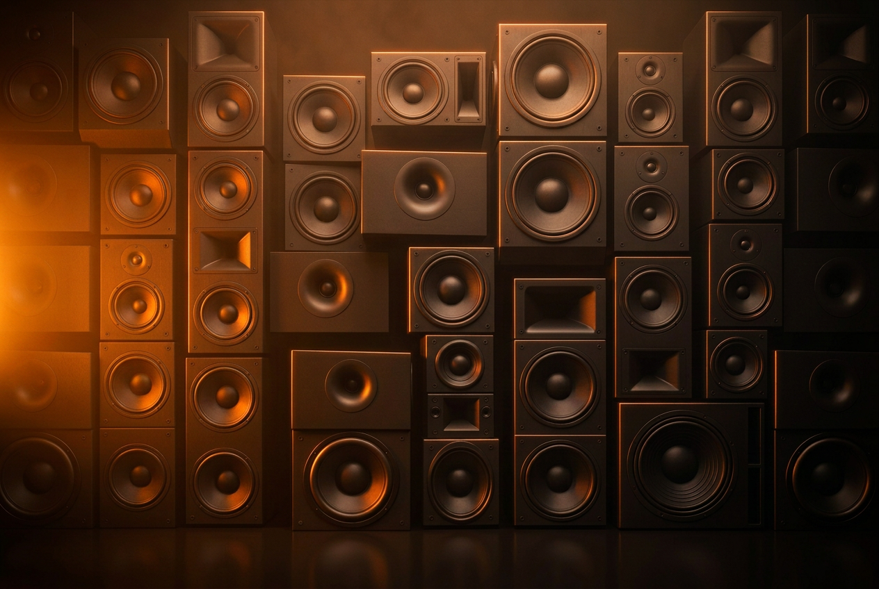 Parede de caixas acústicas e subwoofers em grafite com iluminação âmbar